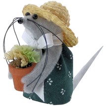 Mouse Gardener with Flower Pot and Flowers, Dark Green Print Dress, Hand... - £7.17 GBP