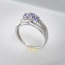 10K White Gold Natural Blue Tanzanite &amp; Diamond Accent 3 Stone Ring Estate - £178.08 GBP