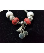 Cherry Charm And Red White Glass Bead Silvertone Bracelet     V1 - £7.79 GBP