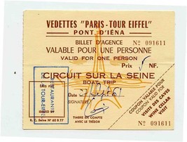 1961 Vedettes Paris Tour Eiffel Circuit Sur La Seine Used Ticket  - £9.38 GBP
