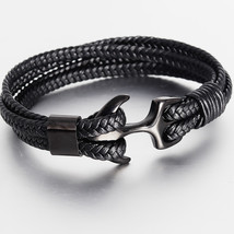 High Quality Men&#39;s Titanium Steel Bracelet Black Personality Leather Woven Ancho - £11.41 GBP