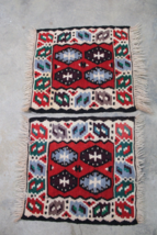 Vtg Set of 2 Wool Geometric Multicolor Knotted Placemats Mini Rugs Fringe 18x19 - £34.47 GBP