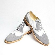 White Gray Suede Genuine Leather Handcrafted Wing Tip Party Wear Oxford ... - $149.99+
