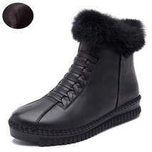 DRKANOL Handmade Genuine Leather Women Boots Rabbit  Flat Ankle Boots Women Snow - $78.44