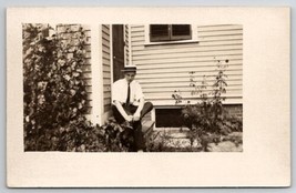 RPPC Handsome Young Man In Boaters Hat Seated On Steps Postcard M27 - $5.95