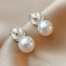 White Pearl &amp; Enamel 18K Gold-Plated Flower Drop Earrings - £10.95 GBP