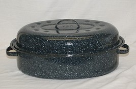 Black Graniteware Oval Roaster Roasting Pan w Lid Kitchen Tool Vintage MCM USA - £31.15 GBP