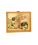 Picture Boy Girl Dog Miniature 2.75 Inch by 3.25 Inch Wood Vintage Plaque - £9.52 GBP