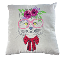 Hipster Cat Embroidered Pillow Pink Glasses Floral Crown Red Bow Scarf - £15.54 GBP