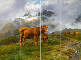 highland cattle cows calf mountain land ceramic tile mural backsplash medallion - £45.82 GBP+