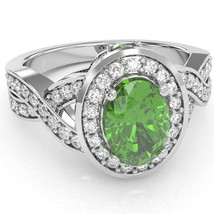 Three Stone Peridot Diamond Peekaboo Halo Engagement Ring In 14k White Gold - £636.35 GBP