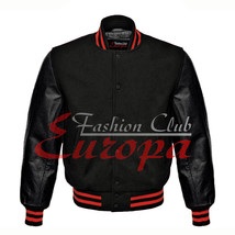 American Unisex Black Real Leather Sleeves Letterman College Varsity Wool Jacket - £68.05 GBP