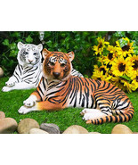 Pair Of Large Siberian And Bengal Tiger Resting 15.5&quot;L Statue Home Garde... - $99.95