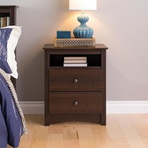 Nightstand Tall 2-Drawer Open Shelf Bedside Storage Espresso Bedroom Furniture - £140.96 GBP