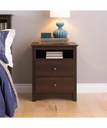 Nightstand Tall 2-Drawer Open Shelf Bedside Storage Espresso Bedroom Fur... - £140.73 GBP