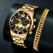 Luxury Mens Watches Male Gold Bracelet Stainless Steel Quartz Calendar W... - £14.21 GBP+