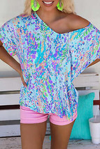 Sky Blue Loose Painted Floral Tee - $12.99