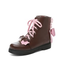 Womens Round Toe Bowknot Lace Up Ankle Boots Block Heel Shoes Thick Lolita Sweet - £59.61 GBP