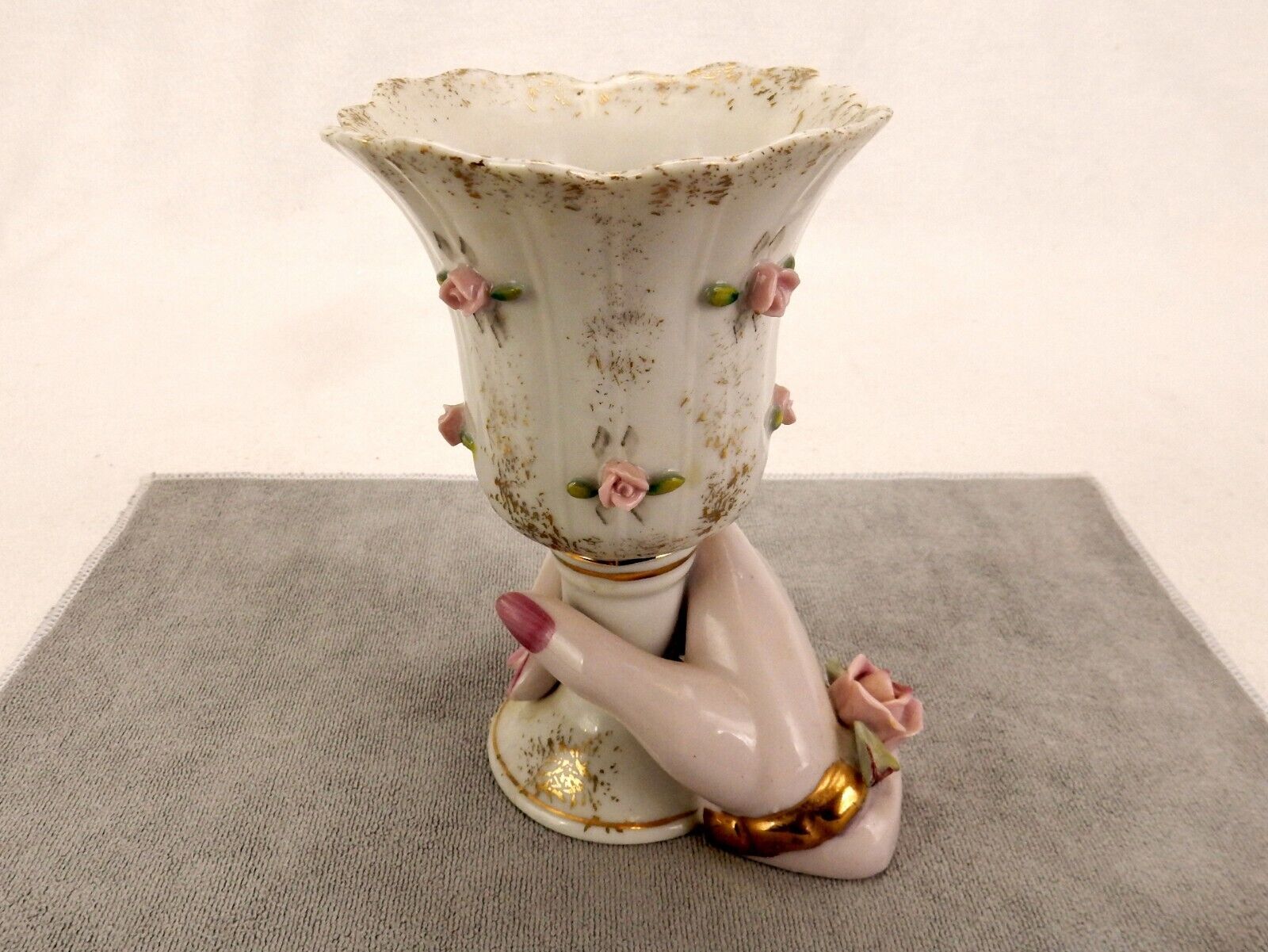 Porcelain Lady&#39;s Hand Holding Goblet Vase, Ring &amp; Bracelet, 3D Roses, Go... - $24.45