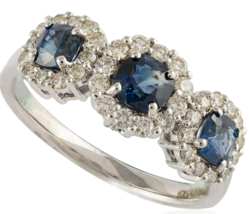 Halo Diamond and Three-Stone Blue Sapphire Ring in 14k Solid White Gold - £727.96 GBP