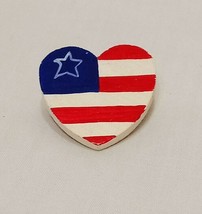 Heart American Flag Brooch Pin Wooden Red White Blue Star 1&quot; Patriotic  - $10.99