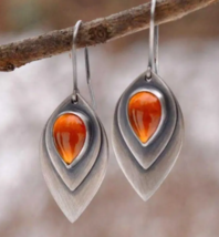Beautiful Orange Inlaid Vintage  Metal Carving Pattern Dangle Earrings - $12.99