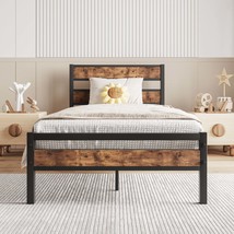 Twin Platform Bed Frame, Rustic Wood Headboard, Strong Metal Slats - $113.99