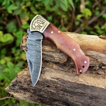 Damascus Camping Tactical Folding blade Pocket Knife Hunting Camel Bone ... - $29.65
