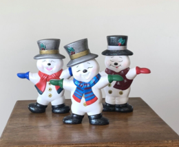 3 Vtg Ceramic Snowmen Handpainted Two Sided Naughty Nice Faces, Hold Hands 1994 - £71.05 GBP