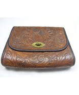 Vintage Purse Hand Tooled Brown Leather 3 Zippered Pockets Rawhide Edge 1-E - €36,47 EUR