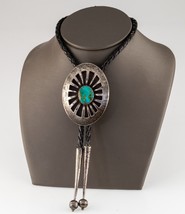 Sterling Silver Tumbled Turquoise Bolo Tie with Braided Leather Straps - £281.61 GBP