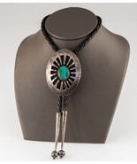 Sterling Silver Tumbled Turquoise Bolo Tie with Braided Leather Straps - £280.25 GBP