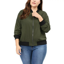 Unique Bargains Women&#39;s Plus Size Zipper Trim Outerwear Bomber Jacket Green 2X - £14.94 GBP