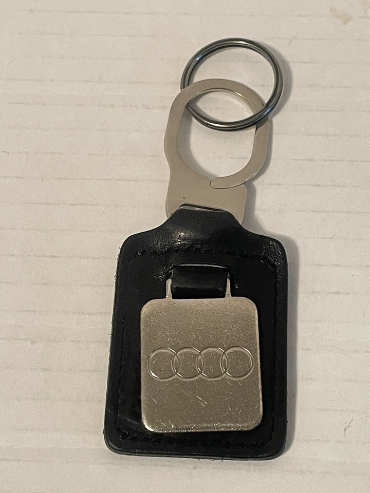 Vintage Audi Logo Key Chain 2 Rings Black Leather Metal - $9.65