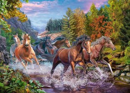 FRAMED CANVAS WALL ART PRINT wild horses running through stream in forest nature - £31.64 GBP+