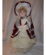 Porcelain/Glass 16&quot; Doll Blonde Curly Hair with Burgundy &amp; Ivory Clothes... - £5.32 GBP
