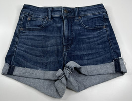 American eagle Women’s size 4 super hi-rise shortie blue denim jean shorts D4 - £11.36 GBP