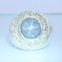 Blue Star Sapphire White Sapphire Halo Handmade Sterling Gents Ring size 12.25 - £241.91 GBP