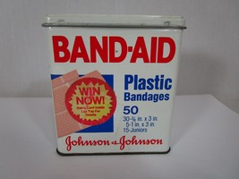 1983 Johnson &amp; Johnson Band-Aid Tin Metal Box Hinged Lid Plastic Badges ... - $7.91