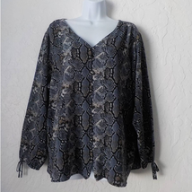 Zac Rachel Gray Animal Snake Print Button Up V-Neck Top Women 2X Long Sleeves - £12.38 GBP