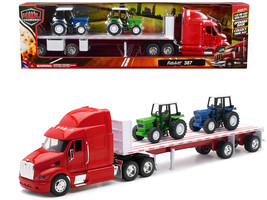 Peterbilt 387 Flatbed Truck Red w 2 Farm Tractors Blue Green Long Haul Trucker S - £48.97 GBP