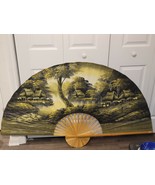 Vintage Large Asian Hand Painted Bamboo Wall Art Fan village scene - £31.60 GBP