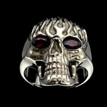  Sterling silver Biker ring Flaming Skull Ghost Rider with 2 Fiery Red CZ Eyes h - £95.12 GBP