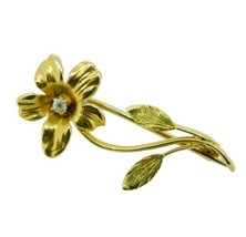 Art Nouveau 14k Yellow Gold Cast Flower Genuine Natural Diamond Pin (#J4750) - £158.27 GBP