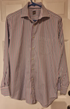 Peter Millar Men&#39;s Sz M Button Front LS Mauve Blue Striped Shirt Flip Cuffs - $16.49