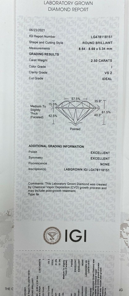 Lot of 2 CVD Lab Grown Round Cut Diamonds IGI Certified TCW = 5.01 Cts I VS2 Item image 3