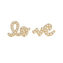 0.22CT Round Real Moissanite &quot;Love&quot; Stud Earrings 14K Yellow Gold Plated Silver - £93.19 GBP