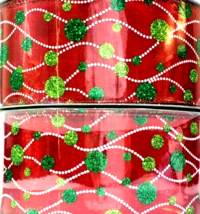 Green Glitter Balls Set of 2 on Red Wired Ribbon 2-1/2&quot; X 50Yds New Sealed - £30.14 GBP