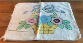 Vtg Embroidered Pattern Painted Flower Basket Pillowcase Unfinished 15&quot; x 15&quot; - £7.98 GBP