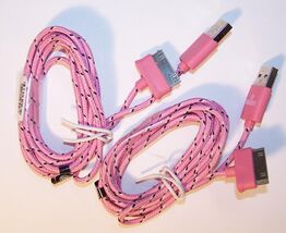 2 LIGHT PINK CLOTH RD IPHONE4  I PAD CHARGER PHONE CORD &amp; 1 USB BRIGHT L... - $4.70